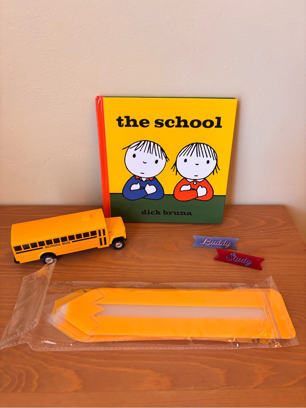 Back to School First Day of School goodies The School book, hair clips, toy bus